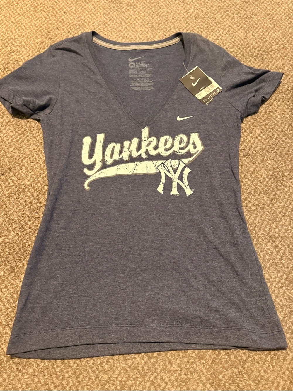 Nike Women’s Yankees V-Neck Tee in Navy with White Logo